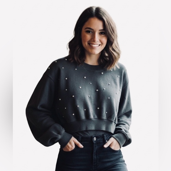 Zara Tops - Zara Gray Cropped Jewel Studded Sweatshirt with Rhinestones Size small